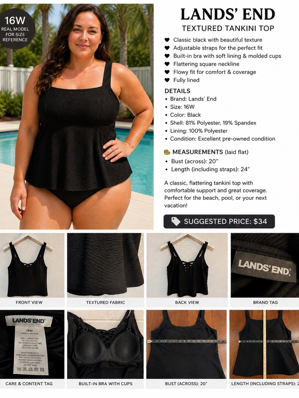 Lands' End Black Textured Swim Bandeau Tankini Top